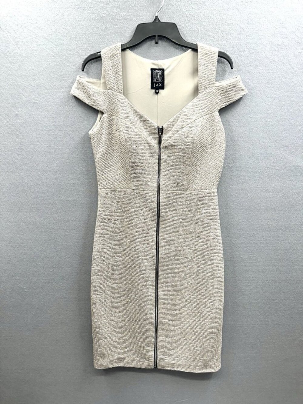 JAX Dress Size 10 Cream Cold Shoulder Full Zip Front Bodycon Cocktail Party Mini